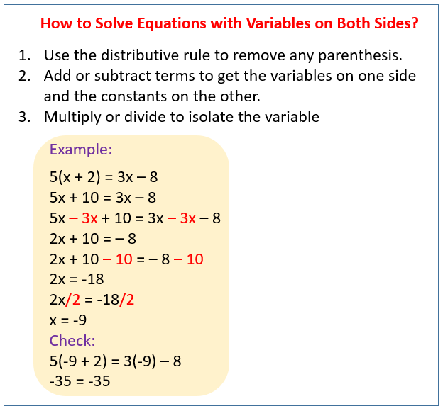 Solving Equations with variables on both sides solutions, examples, lessons, videos