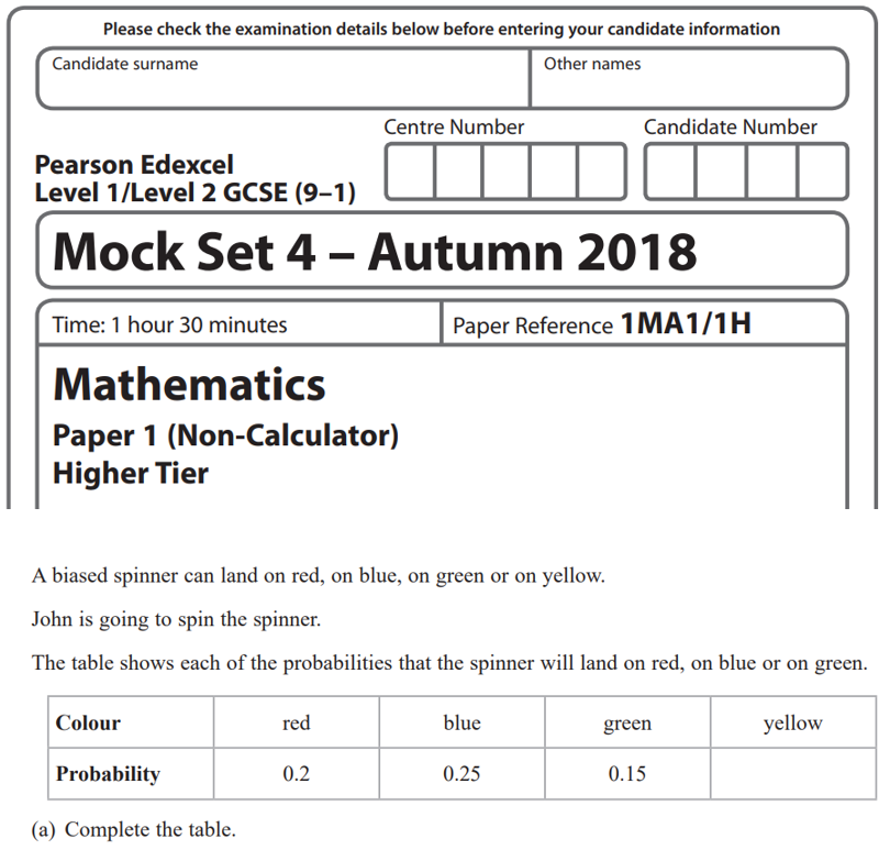 Edexcel GCSE 1MA1 1H 2018