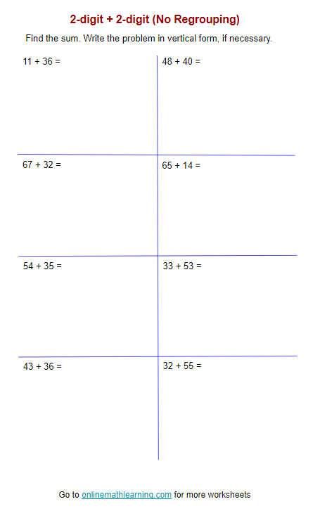 2-digit plus 2-digit worksheet for First Grade