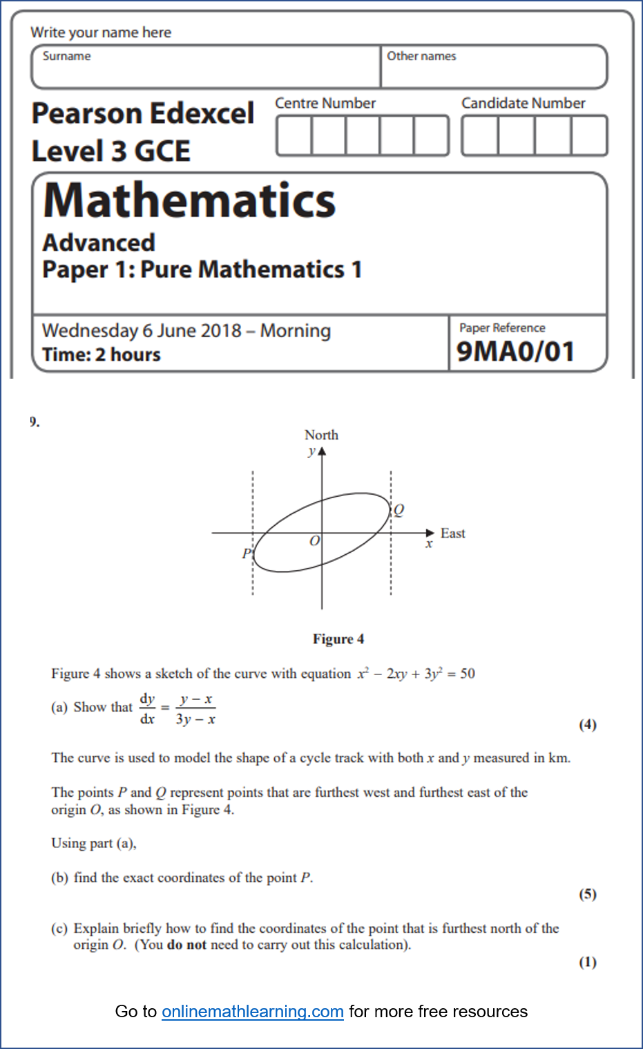 9MA0/02, Edexcel Pure Maths Paper 1 June 2018, 9MA0/01