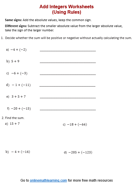 Worksheets Subtracting Integers Worksheet Integers Worksheets