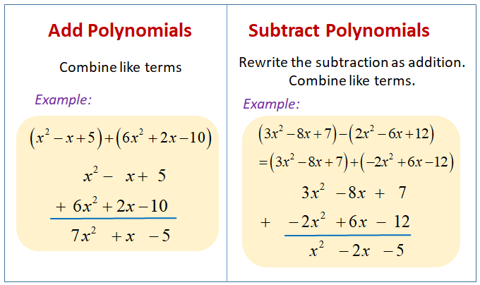 addition and subtraction of polynomials assignment quizlet