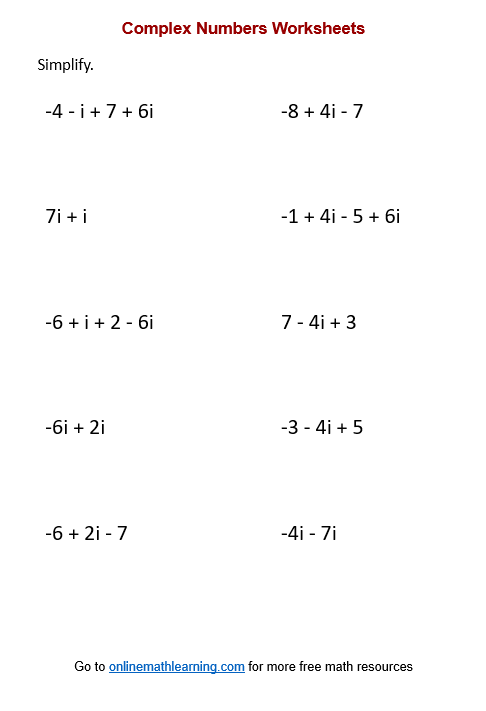 Add And Subtract Complex Numbers Worksheet Pdf