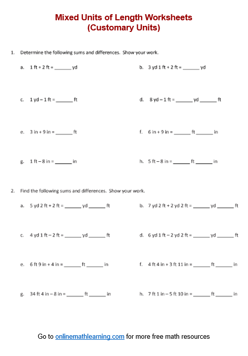 Add Subtract Mixed Units of Length Worksheet