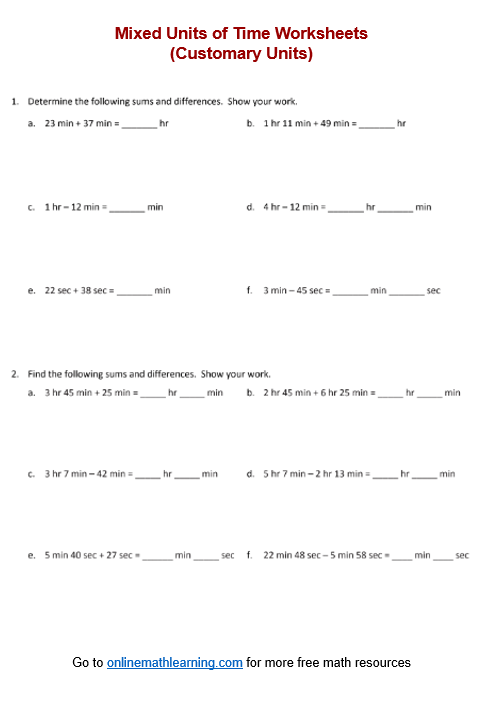Add Subtract Mixed Units of Time Worksheet
