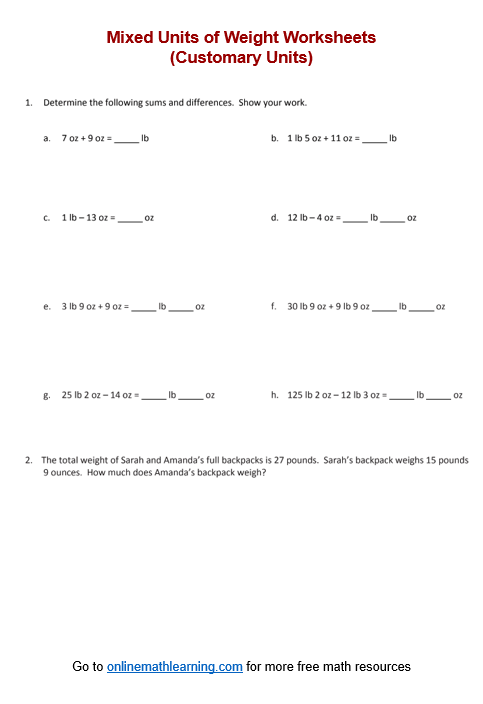 Add Subtract Mixed Units of Weight Worksheet