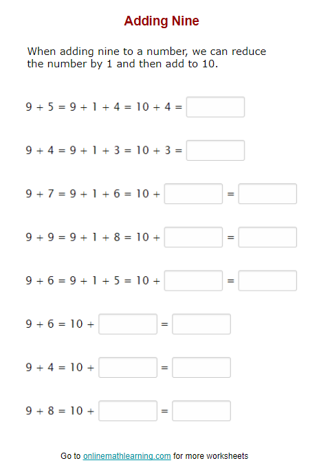 Add 9 to a number for First Grade