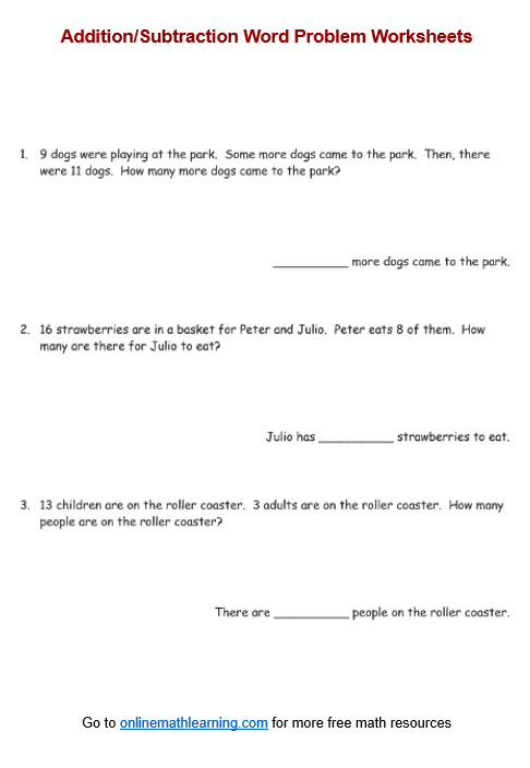 Addition/Subtraction Word Problem worksheet for first grade
