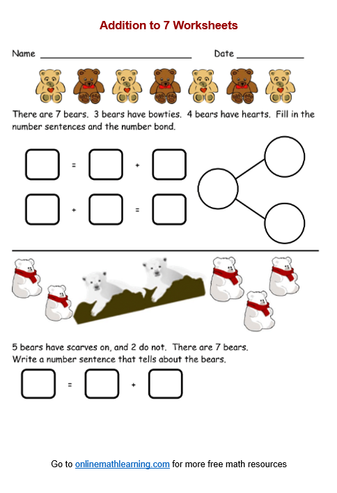 Addition to 7 worksheet for kindergarten