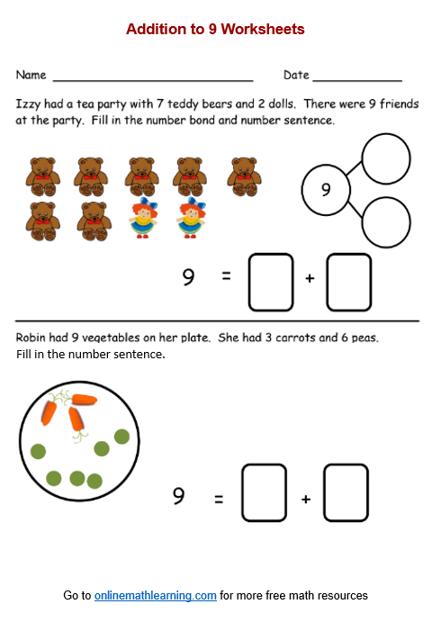 Addition to 9 worksheet for kindergarten