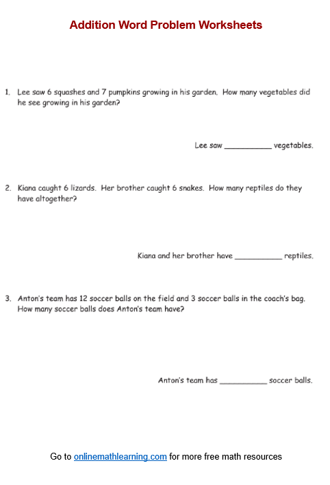 Addition Word Problem worksheet for first grade