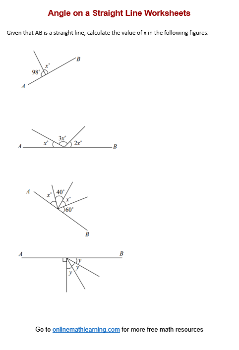 Angles on a Straight Line Worksheets (printable, online, answers, examples)