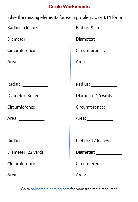 Area & circumference of circle Worksheet