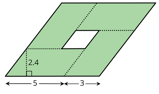 A parallelogram composed of 4 smaller identical parallelograms and an unshaded region in the middle. Each of the 4 smaller parallelograms has base 5, height 2.4, and side length 3.