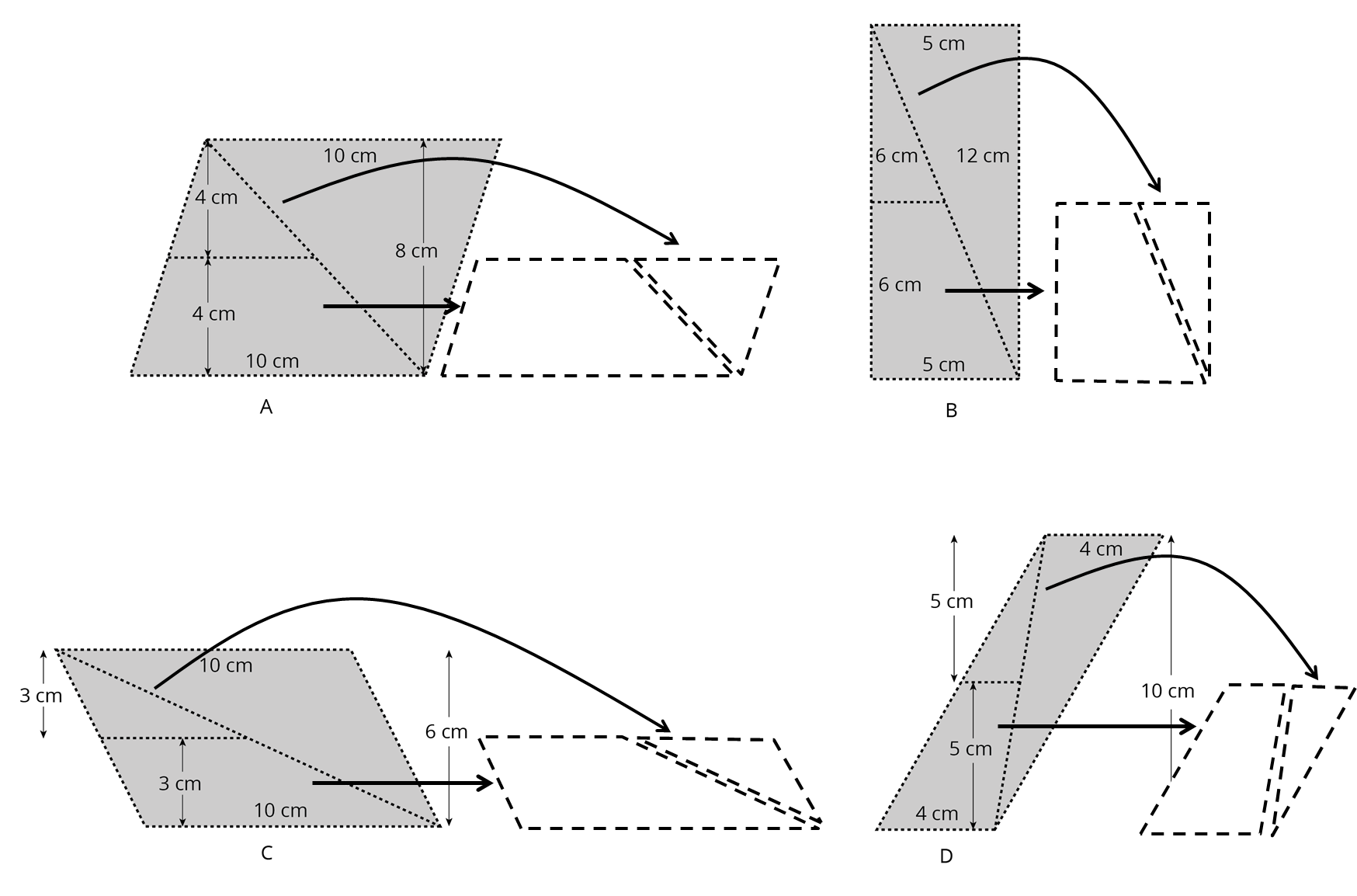 Four parallelograms labeled A-D, decomposed into large triangles, small triangles, and trapezoids. The small triangles and trapezoids from each parallelogram have been rearranged into parallelograms which are half the size of the original.