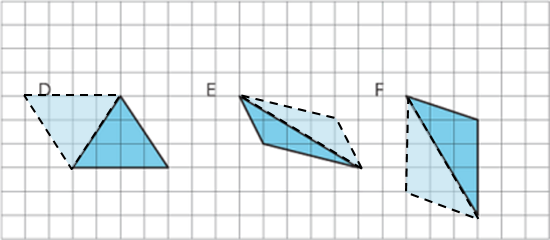 Three triangles labeled D, E, and F. The triangles have been copied so that each pair of copies forms a parallelogram.