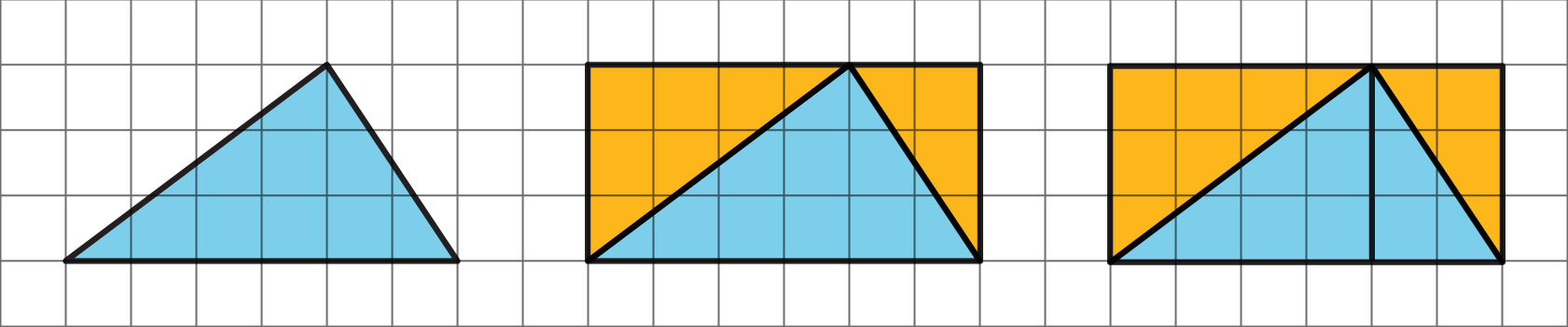 An image of a triangle with a dashed line cutting off the top portion, and a second image with an arrow indicating that the cut off portion has moved next to the bottom portion to create a parallelogram.