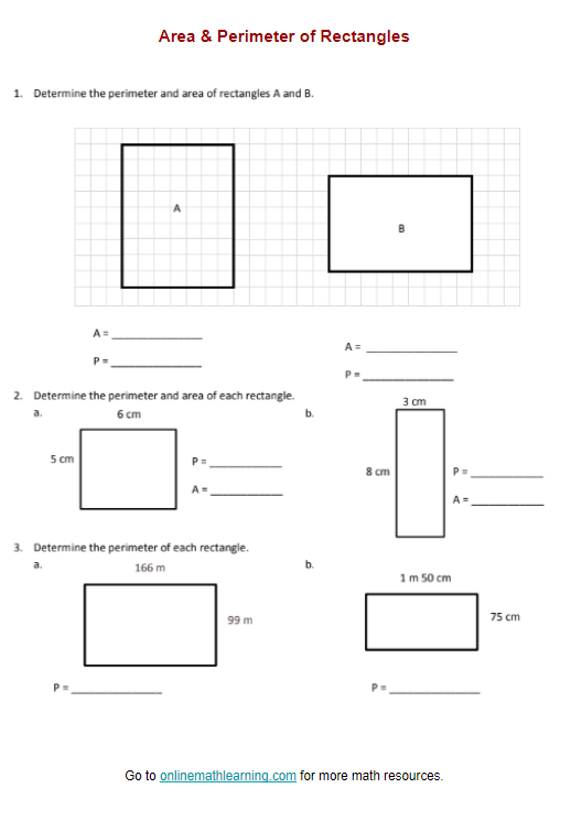Area & Perimeter of Rectangles (worksheets, printable, online, answers)