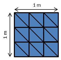 A square with an area of 1 square meter, decomposed into 9 identical small squares, each in turn decomposed into 2 identical triangles for a total of 18 triangles with a total area of 1 square meter.