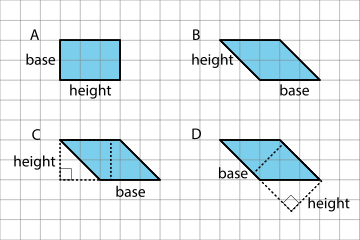 Four parallelograms with their bases labeled. Some have their height correctly labeled and some do not.