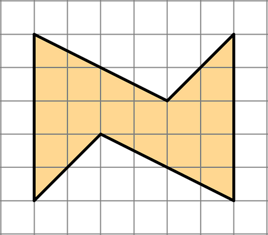 A shape with six sides. There are two vertical sides measuring five units, two angled sides that fall 2 units over 4 units and two sides that fall 2 units over 2 units.