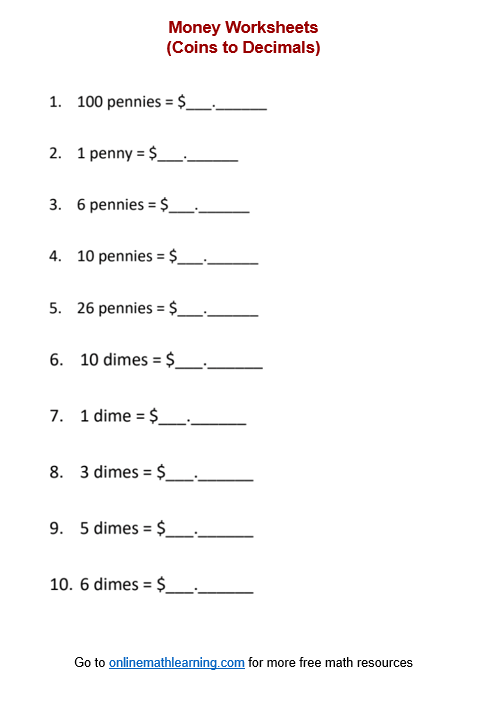 Coins to Decimals Worksheet