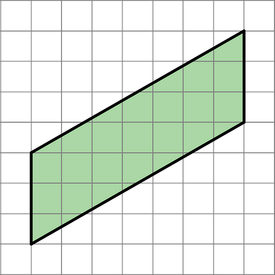 A parallelogram in a grid. The parallelogram has two vertical sides that are 3 units tall and two sides that rise 4 units over 7 units across.