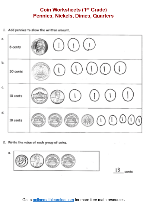 Count On Pennies worksheet for First Grade