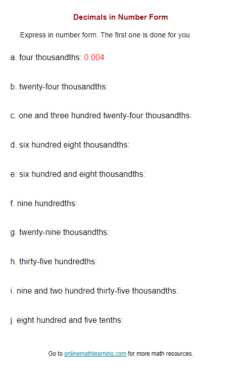 Decimals in Number Form Worksheet