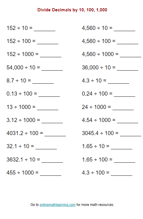 Dividing Decimal Numbers By 10 And 100 Worksheets