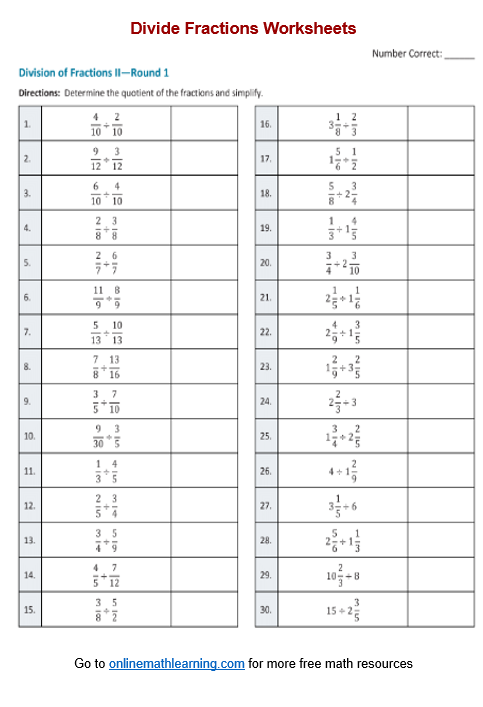 Divide different types of fractions Worksheet