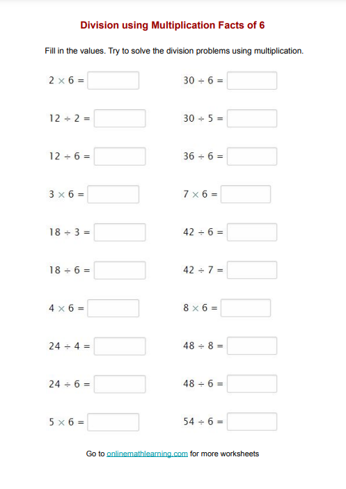 Divide using Multiplication Facts Worksheet