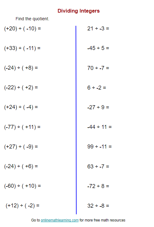 Adding Subtracting Multiplying And Dividing Integers Worksheet With Answers