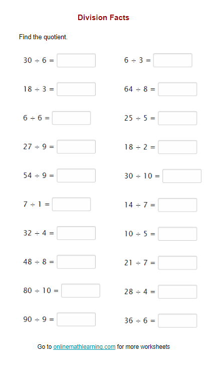 Division Facts Worksheet