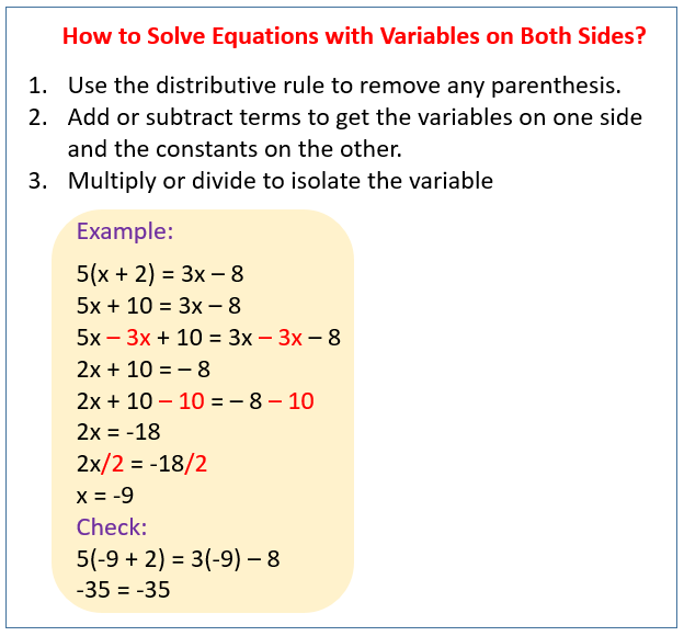 Solving Equations With Variables On Both Sides Solutions Examples