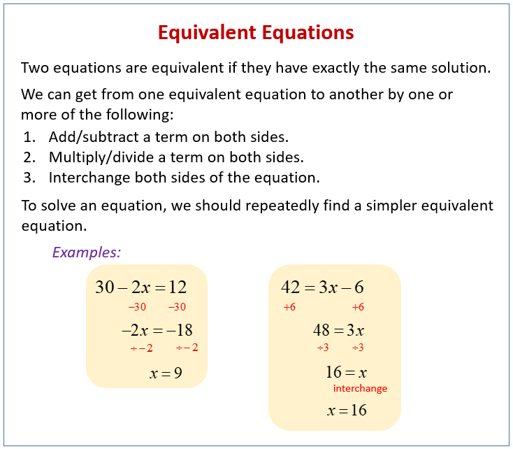 Equivalent Equations (solutions, examples, worksheets, videos