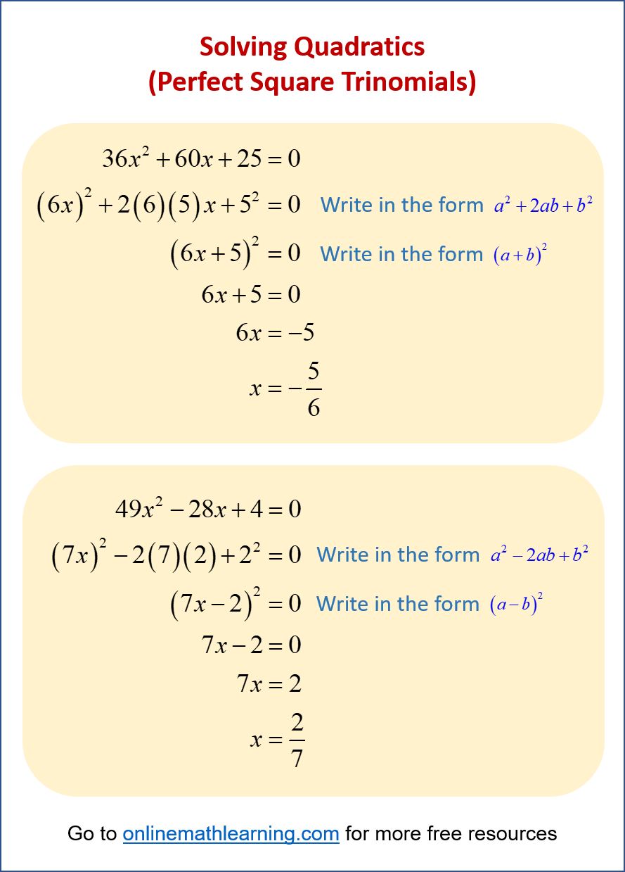 Factoring Quadratics (Perfect Square Trinomials) Factoring Quadratics (Perfect Square Trinomials)