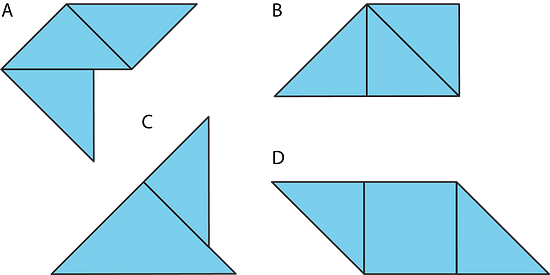 Four figures labeled A, B, C, and D. Figure A is composed of three small triangles, figure B is composed of three small triangles in a different arrangement, figure C is composed of one medium triangle and one small triangle, and figure D is composed of two small triangles and one square.