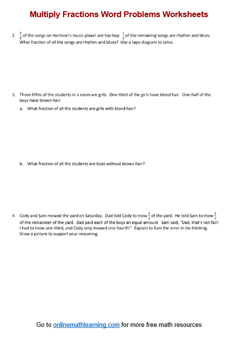 Fraction Word Problems Tape Diagrams Worksheet