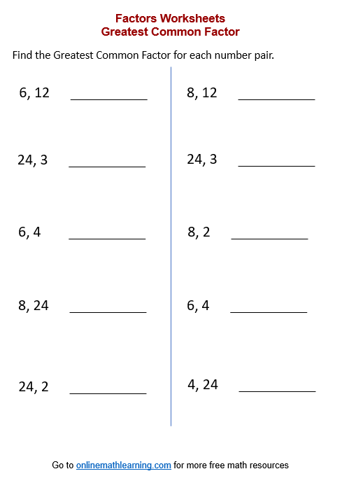 Greatest Common Factor Worksheets (printable, online, answers, examples)