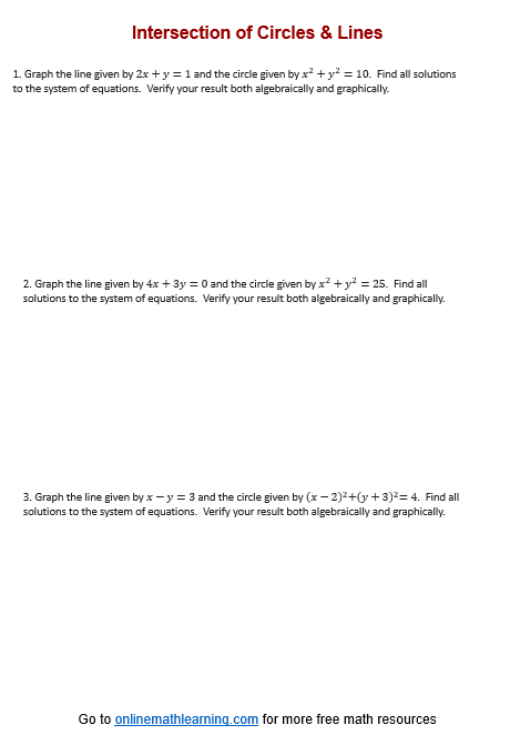 Intersection of Circles & Lines Worksheet