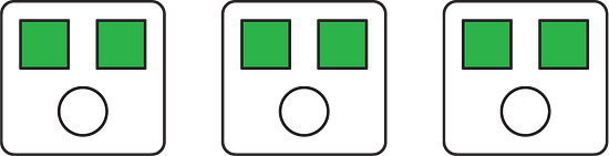 A discrete diagram of 6 squares and 3 circles organized into 3 equal groups of 2 squares 
and 1 circle each.