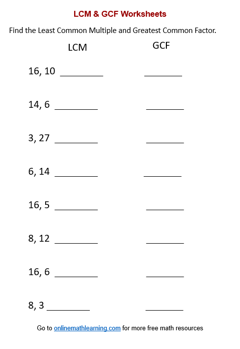 LCM and GCF Worksheets (printable, online, answers, examples)
