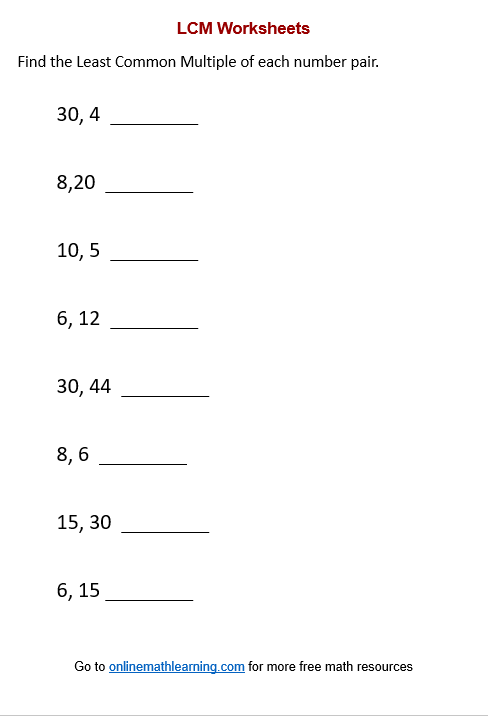 Least Common Multiple Worksheets (printable, online, answers, examples)