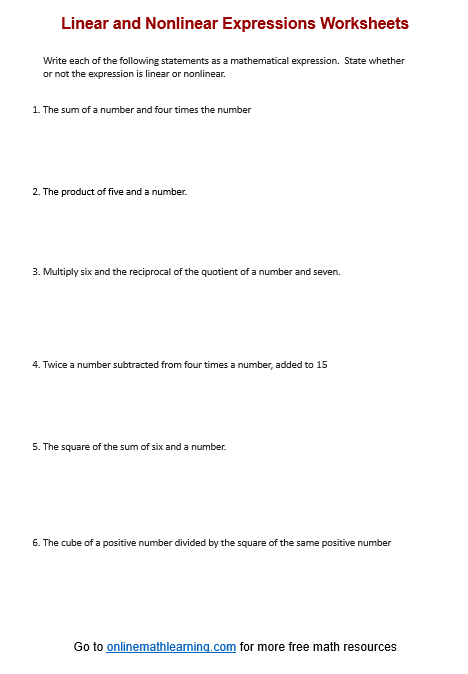 Write Linear & Nonlinear Expressions Worksheet