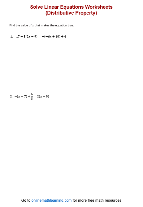 Solve Linear Equation, Distributive Worksheet