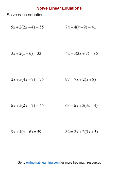Solve Linear Equations (distributive property & combine like terms)