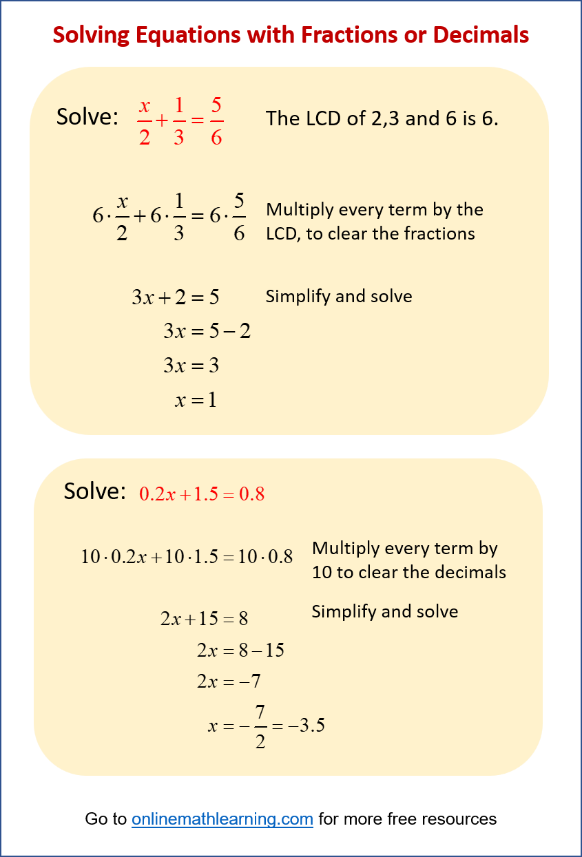 Solving linear equations with fractions or decimals Solving linear equations with fractions or decimals