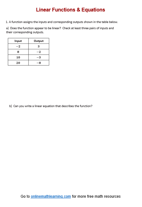 Linear Functions & Equations Worksheets (printable, online, answers ...