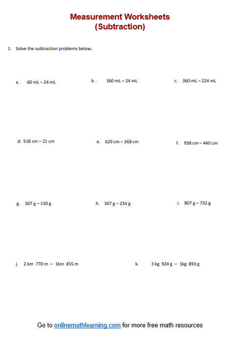 Subtracting Measurement Worksheet